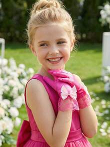 1 Pair 3-10Y Kids Satin Smooth Elastic Bow Gloves, Rose Red Series - 1Pair - View 13