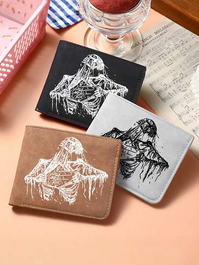 Black Pu Leather Wallet, Punk Style With Linear Skull Pattern, Casual And Versatile Bi-Fold Wallet/Card Holder, For Men & Women, Minimalist Card Holder Coin Purse With Cash Slot, Lightweight Everyday Wallet For Daily Commute, Travel, Office, Shopping & Casual Use, Artistic Line Drawing Design, Fashion Money Wallet, Credit Card Case, Small Billfold, Thoughtful Gift For Partners, Friends, Couples, Birthdays, Holidays & Seasonal Gifting