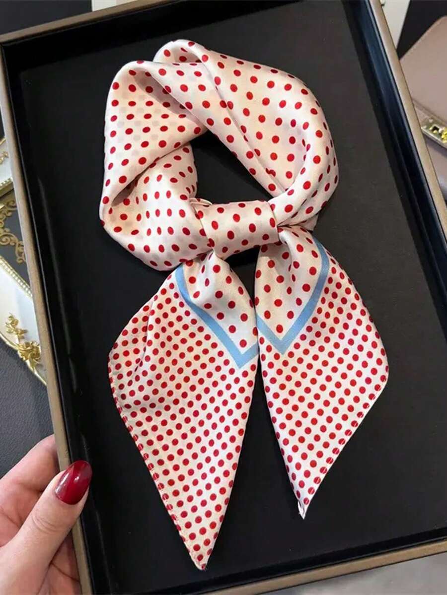 1pc Women's Luxury Elegant Fashion Polka Dot Print 27.6"X27.6" Silk Bandana Scarf, Spring Headband Hair Tie Accessory - Multicolor - View 1
