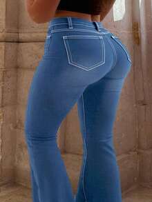 Plus Size Women's Mid-Rise Flared Jeans, Sexy Ripped Elastic Raw Hem Denim Flared Pants, Casual Wear Fashion Trousers - Medium Wash - View 4