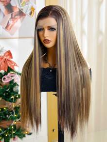 13X4 Lace Front Wig, 30 Inches Synthetic Fiber Wig, Honey Gold Ombre Gradient Long Straight Hair, Heatproof Brown & Gold Ombre Long Straight Hair For Women - Brown Highlight - View 6