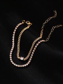 2pcs Men's Zinc Alloy Bracelet, Cubic Zirconia Embellished Chain Layered Design, Elegant Luxury Style Suitable For Daily Wear - Yellow Gold - View 3
