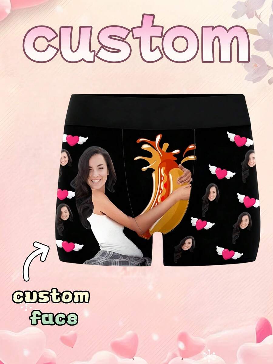 1pc Men's Customized Face & Wings Pink Heart Print Black Soft Smooth Fabric Comfortable Boxer Briefs, Suitable For Valentine's Day And Romantic Gifts - Multicolor - View 1