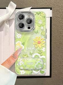 1pc High-End Oil Painting Daisy Stand Phone Case With Mirror, Suitable For 11/12/13/14/15/16 Pro/17 Pro Max, Gradient Chiffon Full Coverage Protective Case, Valentine's Day Gift - Green - View 1