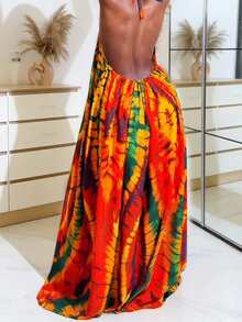 Fashionable Sleeveless Backless Camisole Dress, Long Tie-Dye Woven Fabric, Backless Twist Design Summer Vacation Party Elegant - Burnt Orange - View 3