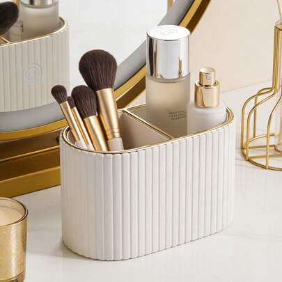 Makeup Brush Holder/PU Leather Cosmetic Display Box/Retro Striped Makeup Brush Rack - Suitable For Vanity Decoration, Bathroom Countertop, Desk Storage Cosmetic Display Box (Cream) , Makeup Room Decor,Makeup Bag,Travel Essential