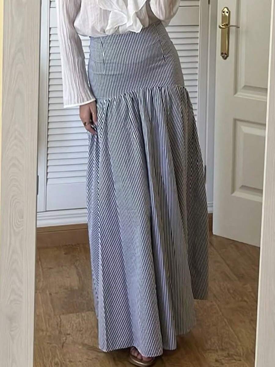 女士时尚休闲复古简约浪漫条纹半身裙 - 藍白色 - 查看 1