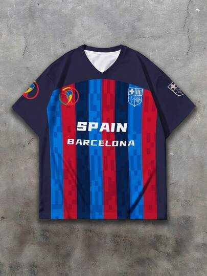 男士修身字母数字印花短袖T恤，世界杯国家队和足球俱乐部款式，舒适轻盈宽松版型，适合春、夏、秋季校园及街头穿着。