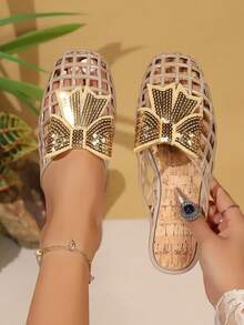 Plus Size Summer 2026 New Hollow Butterfly Sandals, Flat Slip-On Closed Toe Beach Shoes For Women - Apricot - View 1