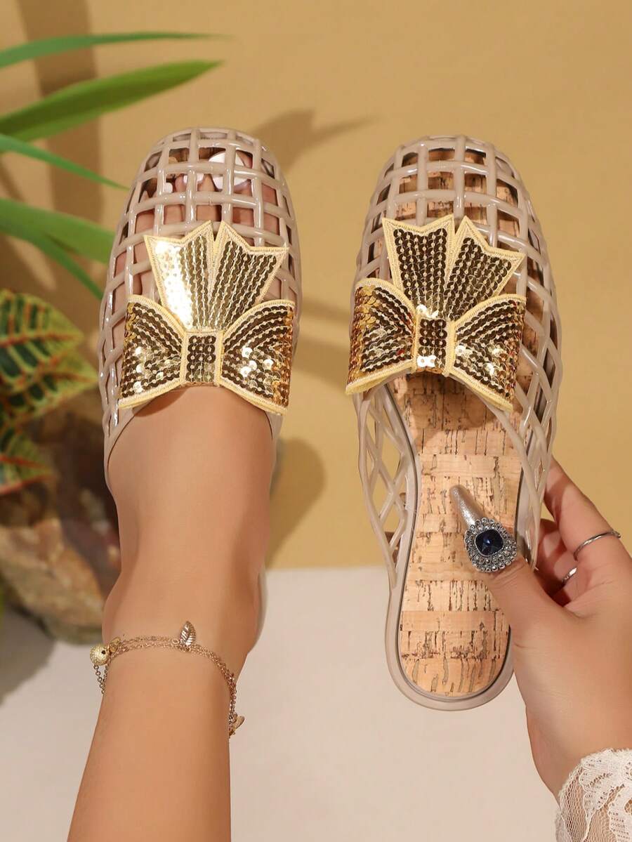 Plus Size Summer 2026 New Hollow Butterfly Sandals, Flat Slip-On Closed Toe Beach Shoes For Women - Apricot - View 1