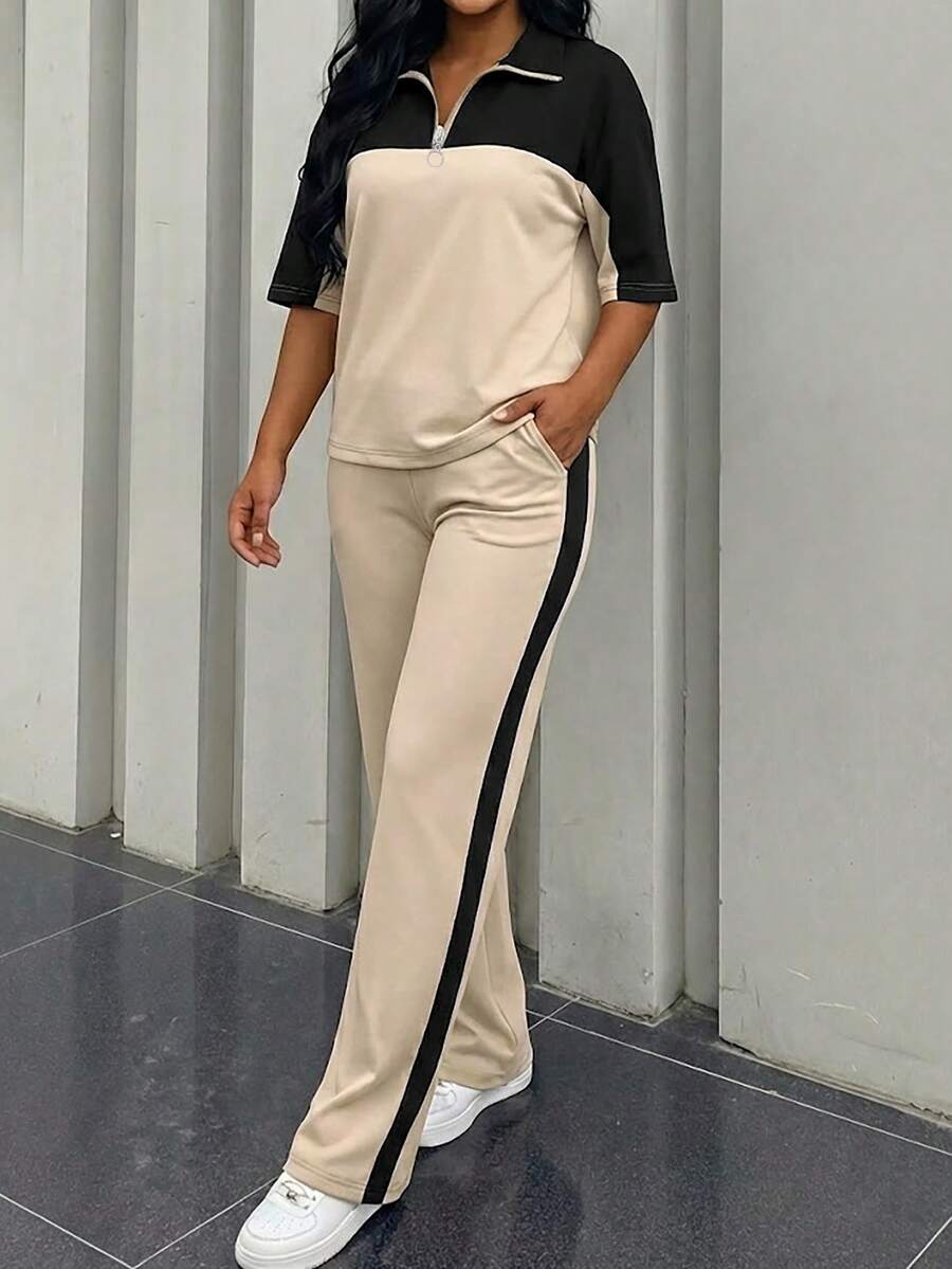 2 件套女士休闲套装，轻盈修身时尚运动套装，配阔腿裤，春夏 - 膚色 - 查看 1