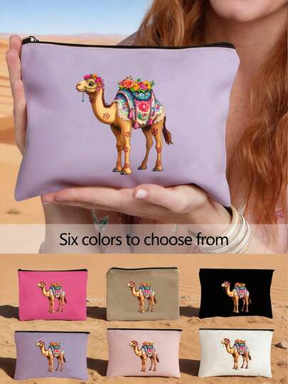 Camel Print Zipper Pouch - Ramadan Themed Pattern, Large Capacity Women's Travel Makeup Bag, Portable Foldable Storage Bag, Cosmetic Organizer Bag, Lightweight Travel Toiletry Bag, Makeup Bag, Handbag, Wash Bag, Pencil Case, Gift Bag, Zipper Bag, Suitable For Back To School Season, Summer, Middle Eastern Gifts, Arabic Gifts, New Year, Ramadan, Eid Al-Fitr, Valentine's Day, Christmas Or Thanksgiving Perfect Gift