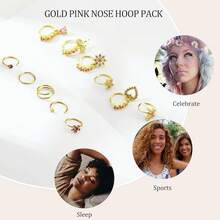 BSJ4U Hoop Nose Rings For Women Nose Piercings 20G Stainless Steel Nose Rings Hoops Heart Butterfly Flower Bow Teardrop Double Nose Hoops Gold Plated Silver Pink Clear CZ Nose Piercing Jewelry - 鍍金粉紅鼻環 - 查看 3