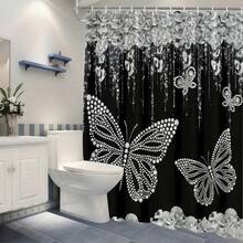 1pc/3pcs/4pcs Light Luxury Gilded Diamond Butterfly Shower Curtain Set, Toilet Seat Bath Mat Floor Mat Set, Modern Fashion Diamond Butterfly Shower Curtain, Very Suitable For Bathroom Decoration, Universal Room Decoration, Home Decoration Set, Bathroom Accessories Bath Curtain Toilet Side Floor Mat Shower Curtain Set - Multicolor - View 3