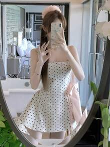 法式芭蕾舞风格可调节吊带波点连衣裙，收腰设计，优雅显瘦，蓬蓬裙摆，夏季必备 - 白色 - 查看 4