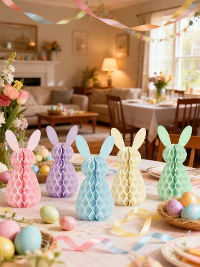 1pc/5pcs 20cm Colorful DIY Easter Paper Honeycomb Rabbit Decorations, With Hanging Rope, Easter Cartoon Rabbit Honeycomb Ball Centerpiece Decor, Suitable For Easter Party Decoration, Spring Theme Party, Holiday Decor, Easter Garden Decor, Home Decor, Easter Decorations, Easter Gifts, Easter Crafts, Easter Bunnies, Birthday Party Decor