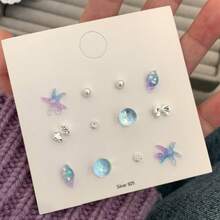 蓝色和粉色海洋系列耳环套装，几何兔子造型，蝴蝶结设计，可爱时尚耳环 - 彩色 - 查看 5