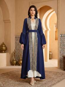 2pcs Middle Eastern Beaded Embroidered Abaya Dress Set, Fashionable Women Clothing With Puff Sleeves - Blue - View 4