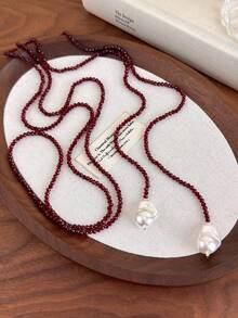 1pc French Retro Unique Asymmetric Pearl & Black Crystal Necklace, Multi-Wear Collarbones Chain, Ins Style Women Necklace - Necklace - View 3