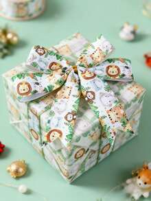 1卷5码丛林动物涤纶箔纸丝带，可爱有趣的丛林丝带，适合婴儿派对礼品、一周岁生日派对装饰，完美适用于节日生日礼物包装、丛林动物主题派对装饰、性别揭晓派对装饰、婴儿派对用品、DIY蛋糕蝴蝶结丝带 - 叢林動物 - 查看 2