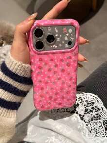 韩版ins风粉色底星草莓图案手机壳，兼容苹果16/17 Pro Max/15 Pro，女士全包防摔保护壳，兼容 14/13 - 粉色 - 查看 5