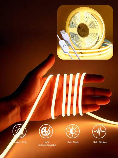 شريط إضاءة LED COB - يعمل بالطاقة عبر USB، لاصق ذاتي وقابل للتقطيع، تحكم باللمس - اضغط مطولاً لضبط السطوع، متوفر ب- 3 درجات حرارة لون، مناسب لخزانة، إضاءة المطبخ، إضاءة خلفية التلفزيون، إضاءة ديكور غرفة النوم المنزلية DIY
