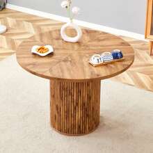 Runder 100cm Esstisch Aus MDF Für 4-6 Personen: 4-Segment-Tischplatte Mit Holzmuster, Zylindrische Tischbeine Mit Staufach, Metallstange Und Klettverschluss – Perfect For European Wohnräume. - Khaki - View 5