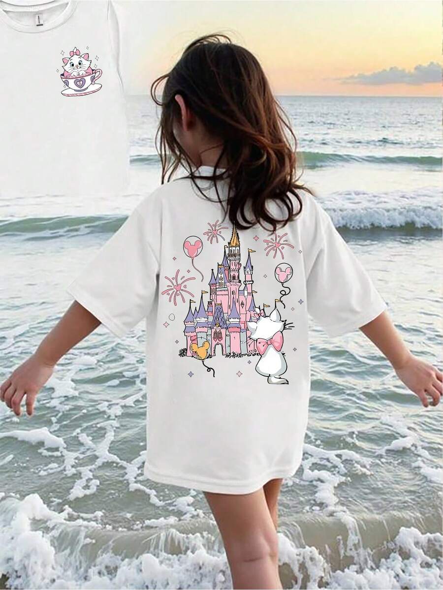 Disney Licensed By , This Casual And Fashionable Girls' T-Shirt Featuring The Cute Cartoon Character Mary Cat Pattern Has A Round Neckline And Elastic Short Sleeves. It Is Suitable For Both Daily Use And Outdoor Activities. - trắng - Xem 1