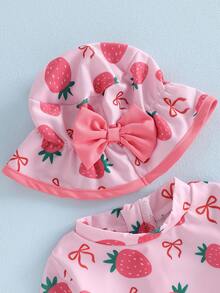 Toddler Girl Strawberry Swimsuits Watermelon Peach Rash Guard Infant Baby Bow Print Long Sleeve Ruffled Bathing Suit With Swim Hat - Pink - View 5