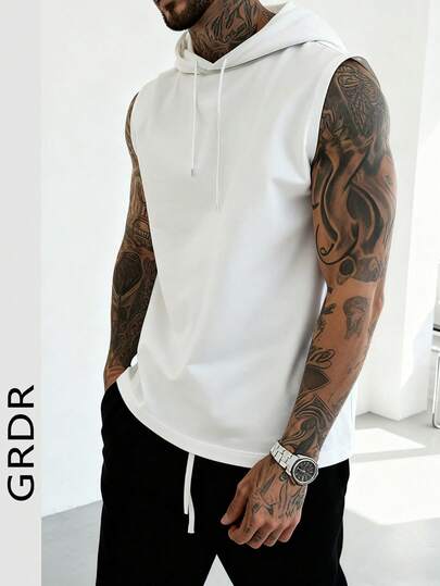 GRDR Men's Summer Hooded Solid Color Tank Top, Casual Sports Style, Fashionable And Minimalist For Summer Sports Outfits