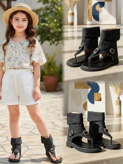 1 Pair Black Denim High-Top Thong Design Metal Ring Decor Flat Sandals, Roman High-Top Style Solid Color Zipper Closure Lightweight Comfortable Casual Girls Shoes, Non-Slip Rubber Thick Sole Increase Height, Suitable For Casual Wear, Princess Dress, Daily School, Outdoor, Beach, Holiday, Spring/Summer 2026 New Arrival, Fit For Kids & Teens 6-16 Years Old