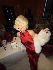 HH 女士丝质吊带领连衣裙露肩露背拼接长裙女士派对性感连衣裙 - 紅色 - 查看 6