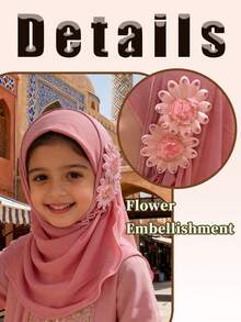 1条5-10岁女童头巾，Amira儿童头巾，莱卡Aya头巾，女童水钻莱卡Amira头巾，花卉蕾丝头巾，儿童伊斯兰阿拉伯头巾披肩 - 彩色 - 查看 3
