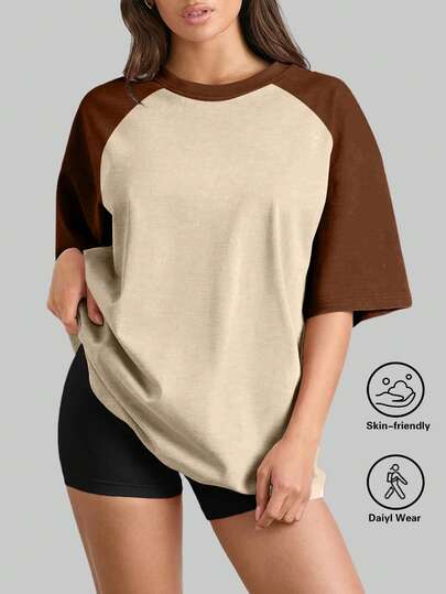 SUPEKYKO Plus Size Color Blocking Raglan Sleeve Short Sleeve T-Shirt - Sporty Athletic Fit Casual Top For Women Summer