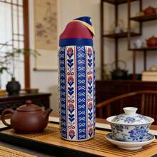 OW Blue Pattern Stencil Stainless Steel Cup, With A Capacity Of 32Oz, Can Retain Heat For Up To 24H. It Can Keep Both Hot And Cold Beverages Warm, Suitable For Brewing Coffee. The Design Is Exquisite And It Is Suitable For Use In Various Occasions. - Màu xanh hải quân - Xem 4