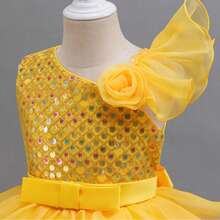 女童亮片蓬蓬蛋糕裙公主裙斜肩派对礼服花童礼服婚礼生日宴会走秀钢琴演奏会晚礼服 - 黃色 - 查看 6