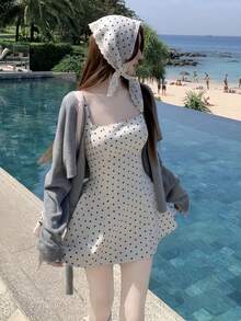 法式芭蕾舞风格可调节吊带波点连衣裙，收腰设计，优雅显瘦，蓬蓬裙摆，夏季必备 - 白色 - 查看 3