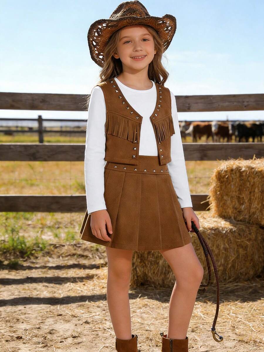3pcs Girls Western Cowgirl Style Set, Long Sleeve T-Shirt + Fringed Studded Vest + Studded Pleated Skirt, Suitable For Party, Performance, Casual, Holiday, Daily Wear - Camel - View 1