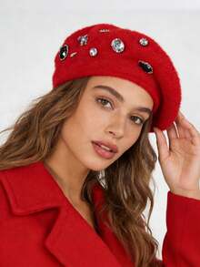 1pc Rhinestone Embellished Rabbit Fur Casual Beret Hat, Suitable For Daily Wear, Valentine's Day, Holiday Gift - Berets - View 2