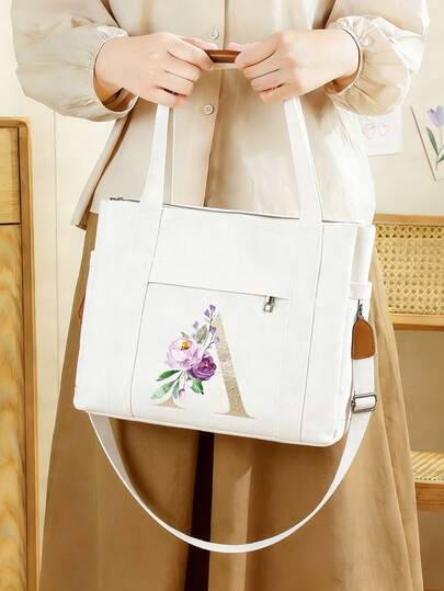 1 Pc A-Z Letter Initial Pattern Shopping Large Beach Bag Monogrammed Gift Tote Bag For Women, Travel Gift For Man Woman