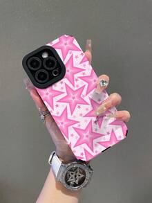 1pc Fashionable Pink Star Patchwork Pattern Protective Phone Case Compatible With Samsung/Compatible With IPhone 11, 12 Pro Max, 14 Pro Max, 15, 16/16 Pro, 17/17 Pro And Other Models - Multicolor - View 2