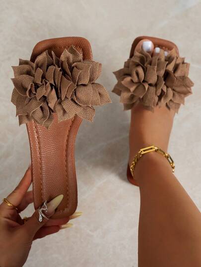 New Women Comfortable Lightweight 3D Floral Decor Strap Flat Sandals, Vacation Style Beach PU Leather White Slippers, Suitable For Summer