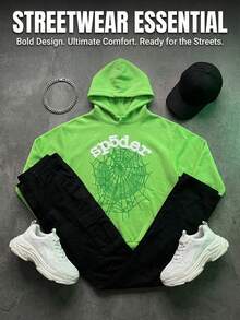 1pcs-Spider Wed Fashion Hip-Hop Printed Flower Hooide European And American Brand Large-Sized Loose Men's And Women's Hooded-280g Pure Heavy 100%Polyester - 綠色 - 查看 5