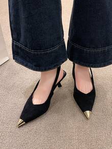 2025 New Metal Splice French Stiletto Pointed Toe Slingback Pumps, Gorgeous Black High Heels, Ladies High Heel Sandals - Black - View 3