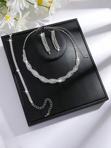4-Piece Shiny Crystal Rectangular Necklace And Earring Jewelry Set, Copper Material, Suitable For Weddings, Parties, And Valentine's Day Gifts - White - View 2