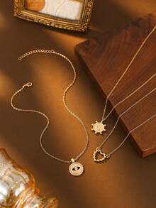 3件套不锈钢金色心形镂空太阳吊坠项链，女士时尚项链，优雅简约魅力日常配饰及礼物 - 情人节礼物 - 3件套 - 查看 6