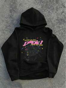 Teens' Black Fashionable Versatile Bear Print Warm Sweatshirt Sweatshirt, Fleece Lined, With Hood, Gift For Teenage Boys, Autumn/Winter - Black - View 9