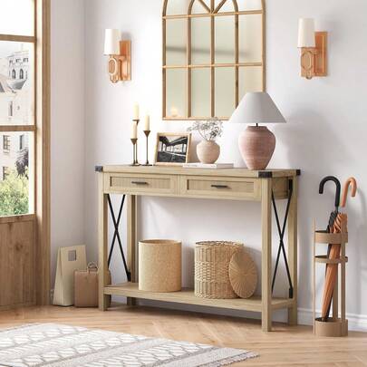 Mesa de entrada bohemia con cajones de ratán, consola para entrada, mesa auxiliar de madera de 109 cm con espacio de almacenamiento para sala de estar, pasillo y recibidor.