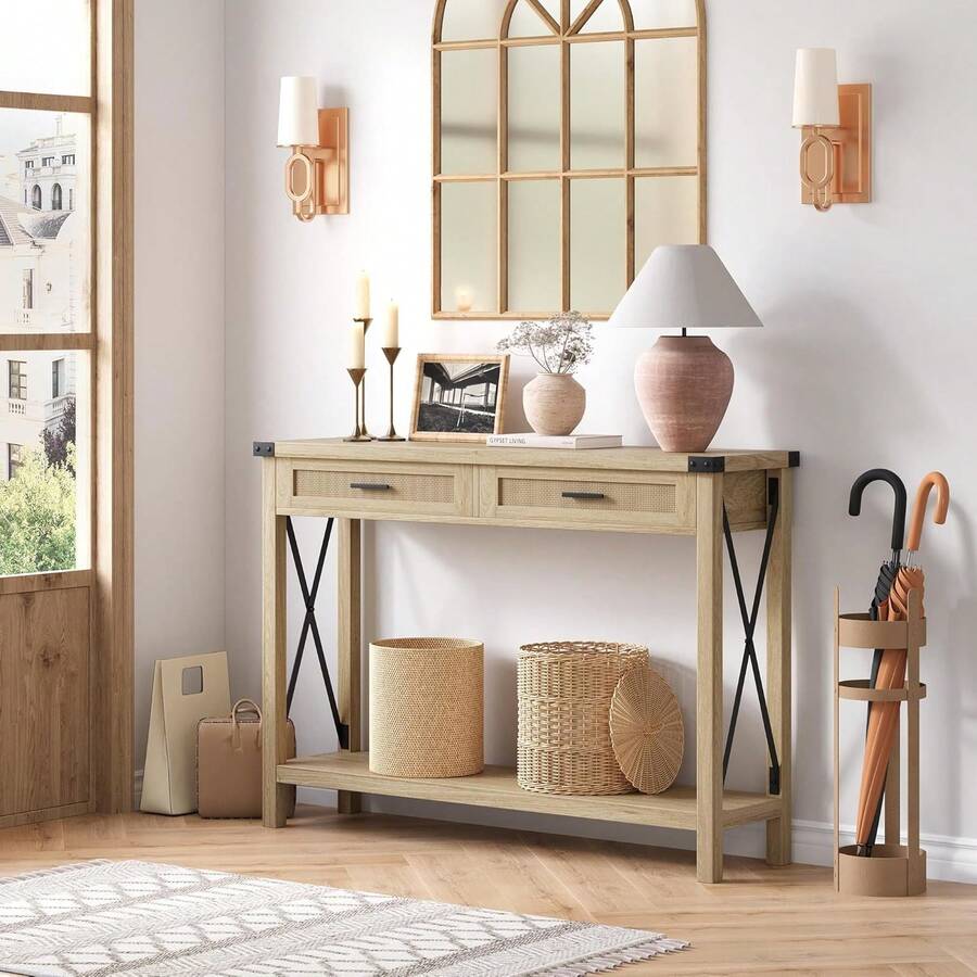 Mesa de entrada bohemia con cajones de ratán, consola para entrada, mesa auxiliar de madera de 109 cm con espacio de almacenamiento para sala de estar, pasillo y recibidor. - Color de la madera - Ver 1