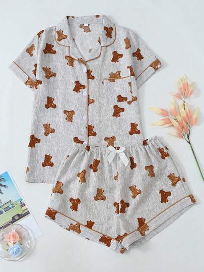 Conjunto de pijama de pantalón corto y blusa de manga corta con estampado de oso y efecto arrugado para mujer